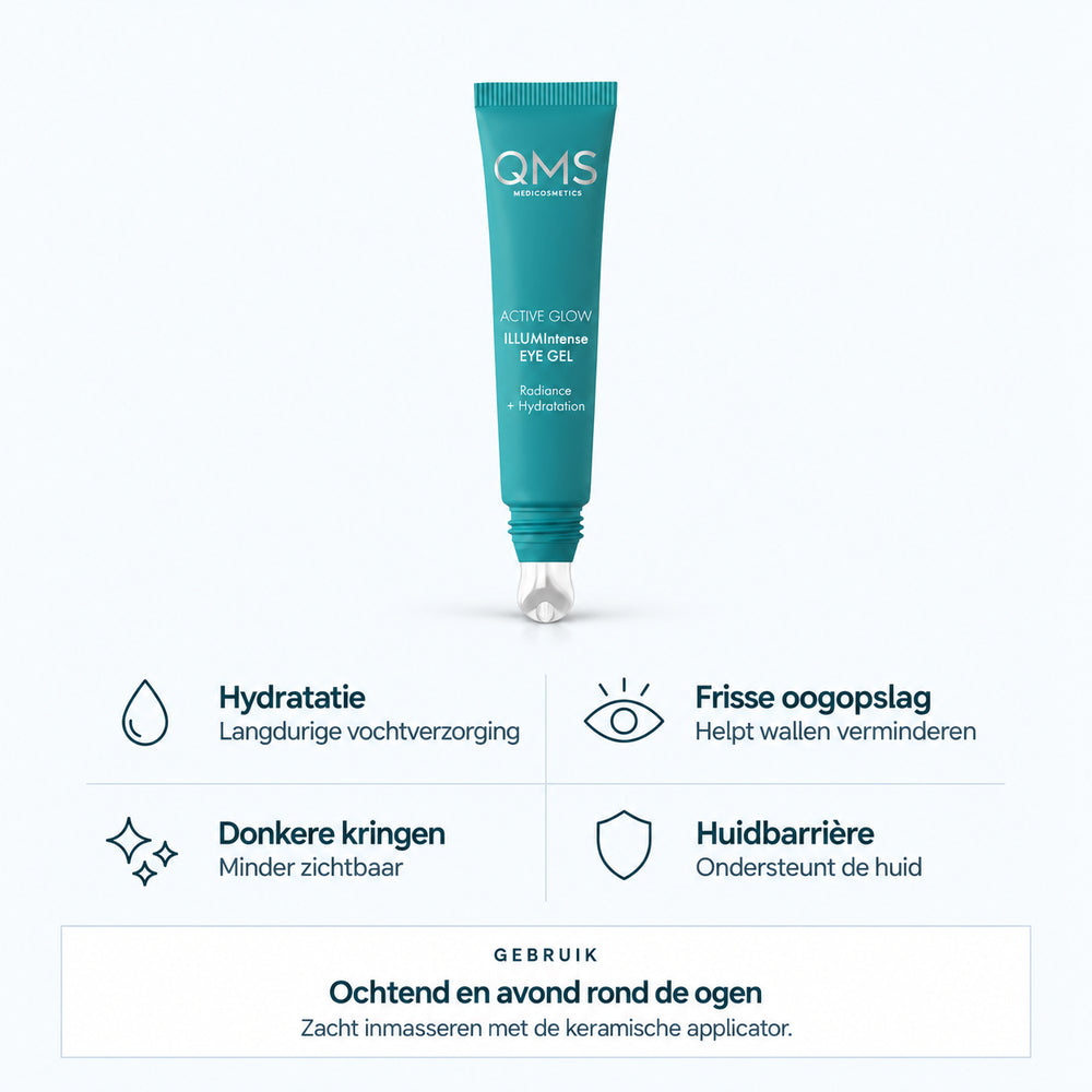 Bekijk de voordelen van QMS ILLUMIntense Eye Gel: langdurige hydratatie, ondersteuning van de huidbarrière en minder zichtbare wallen en donkere kringen.