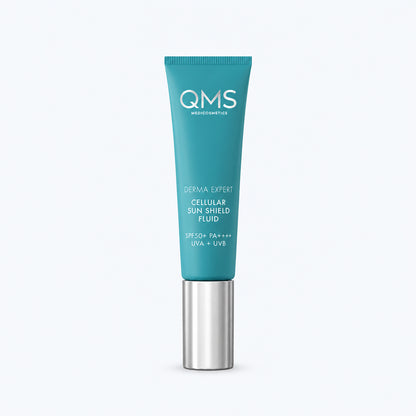 QMS Cellular Sun Shield Fluid SPF 50+ biedt hoge UVA- en UVB-bescherming met een zijdezachte, transparante finish. Ontdek bij Qcosmetics.