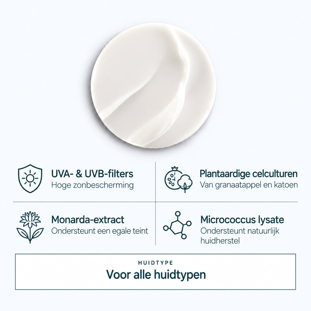 Ontdek de textuur van QMS Cellular Sun Shield Fluid SPF 50+ met UV-filters, plantaardige celculturen, monarda-extract en Micrococcus lysate.