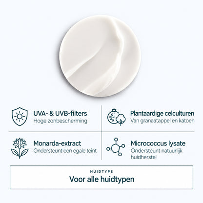 Ontdek de textuur van QMS Cellular Sun Shield Fluid SPF 50+ met UV-filters, plantaardige celculturen, monarda-extract en Micrococcus lysate.