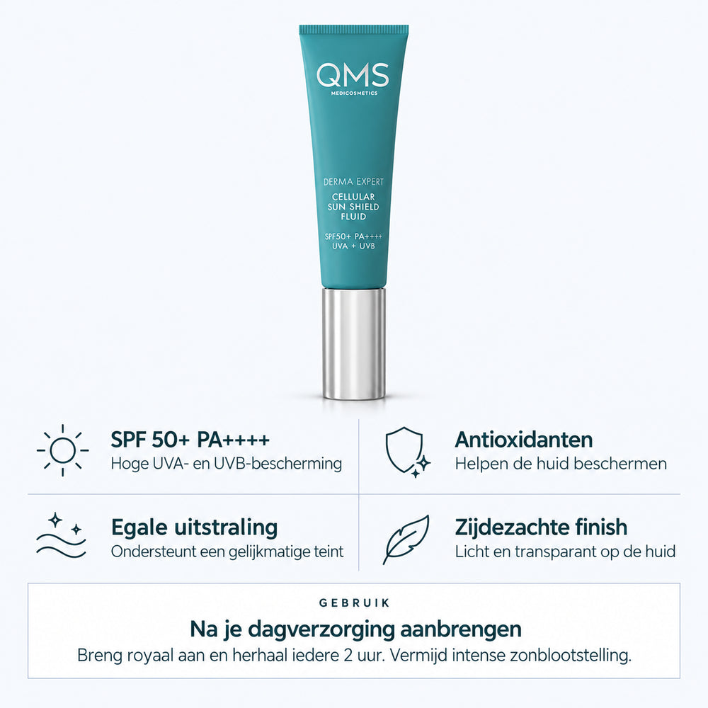 Ontdek de voordelen van QMS Cellular Sun Shield Fluid SPF 50+: hoge zonbescherming, antioxidatieve verzorging en een zijdezachte finish.