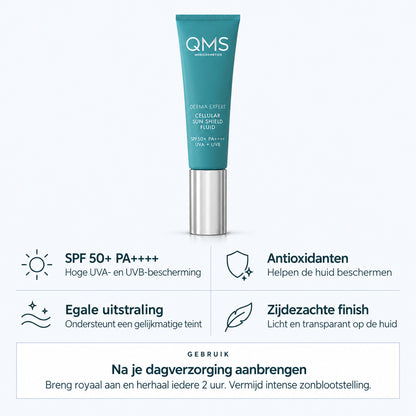 Ontdek de voordelen van QMS Cellular Sun Shield Fluid SPF 50+: hoge zonbescherming, antioxidatieve verzorging en een zijdezachte finish.