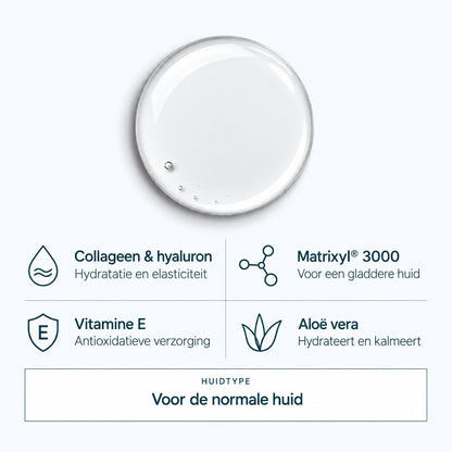 De lichte textuur van QMS Collagen Day Serum met collageen, hyaluronzuur, Matrixyl 3000, vitamine E en aloë vera. Voor de normale huid.
