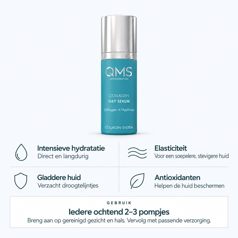 Ontdek de voordelen van QMS Collagen Day Serum: langdurige hydratatie, meer soepelheid, zachtere droogtelijntjes en antioxidatieve verzorging.