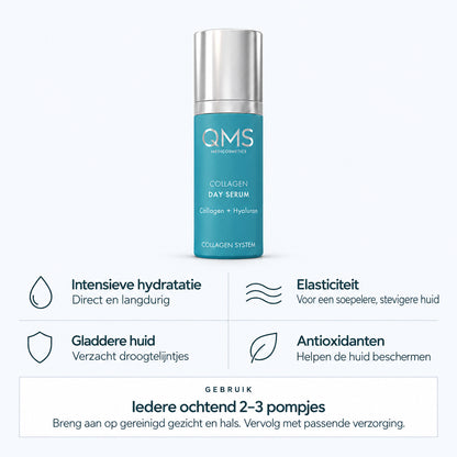 Ontdek de voordelen van QMS Collagen Day Serum: langdurige hydratatie, meer soepelheid, zachtere droogtelijntjes en antioxidatieve verzorging.