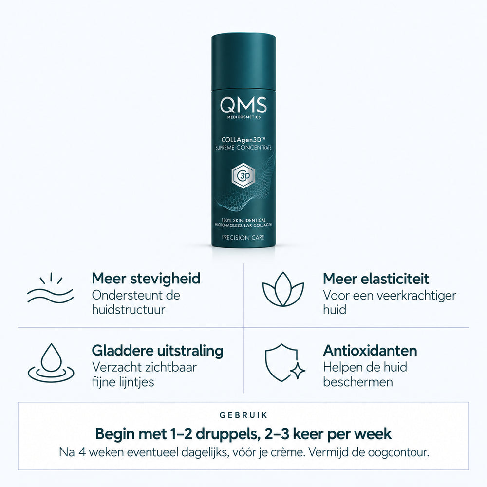 De textuur van QMS COLLAgen3D Supreme Concentrate met huididentiek collageen, biomimetische elastine en mariene en Arctische algen.
