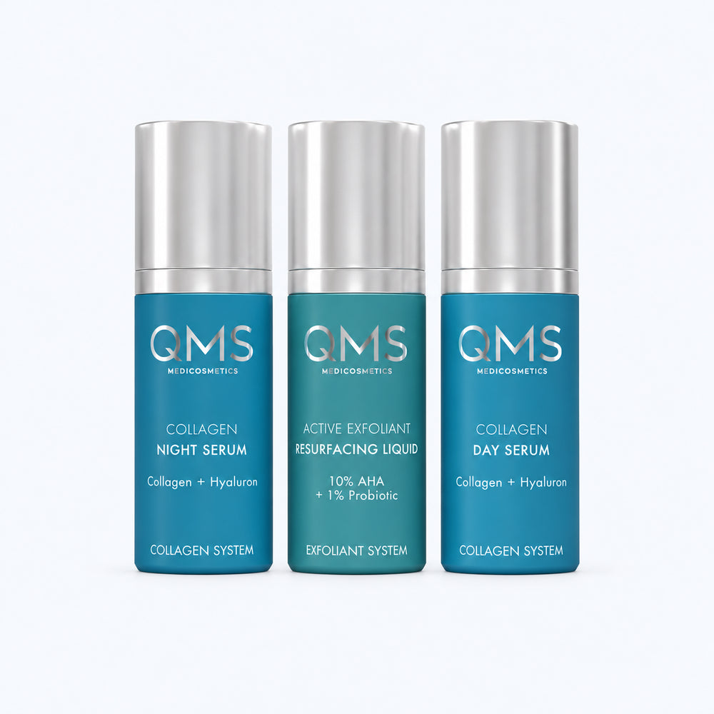 QMS Day &amp; Night 3-Step Core Routine Set met collageenserums en 10% AHA exfoliant.
