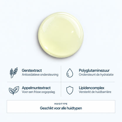 Ontdek de geltextuur en ingrediënten van QMS ILLUMIntense Eye Gel, met gerstextract, polyglutaminezuur, appelmuntextract en een lipidencomplex.