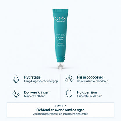 Bekijk de voordelen van QMS ILLUMIntense Eye Gel: langdurige hydratatie, ondersteuning van de huidbarrière en minder zichtbare wallen en donkere kringen.