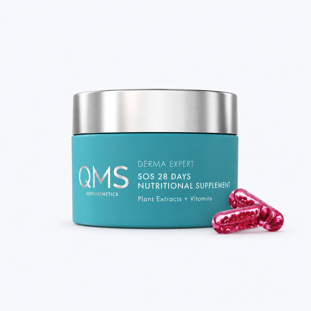 QMS Derma Expert SOS 28 Days voedingssupplement met plantenextracten en vitaminen, in een verpakking met 28 duo-capsules.