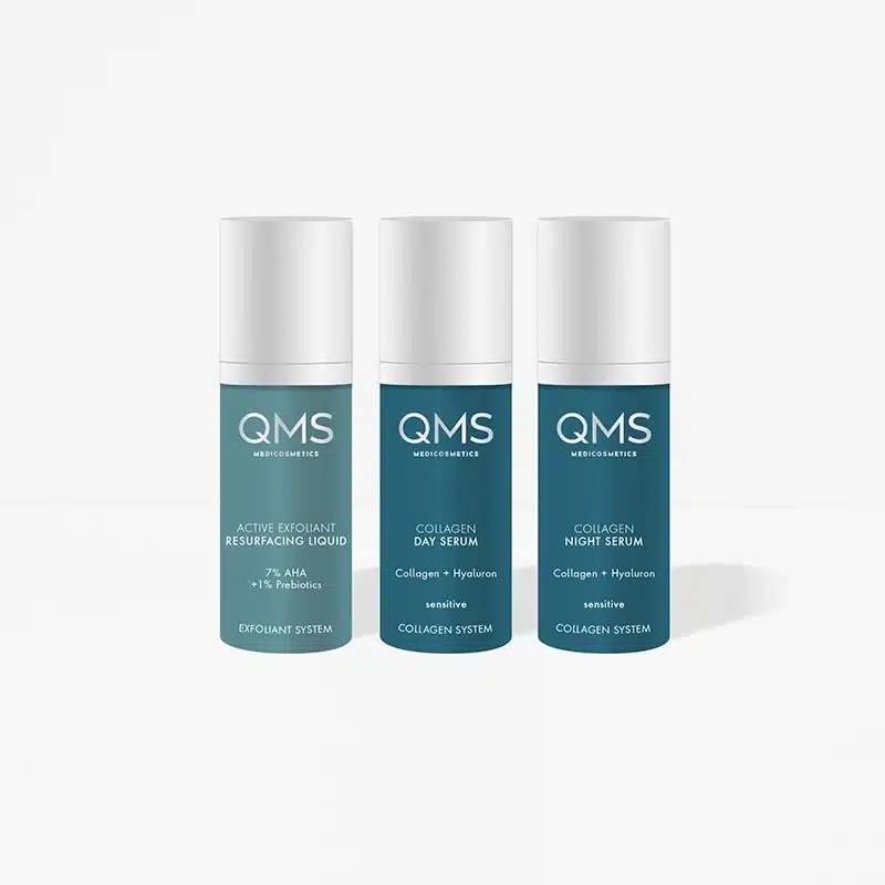 Afbeelding van de QMS Collagen + Exfoliant Set Sensitive - een zorgvuldig samengestelde set voor het verwennen en verzorgen van de gevoelige huid.